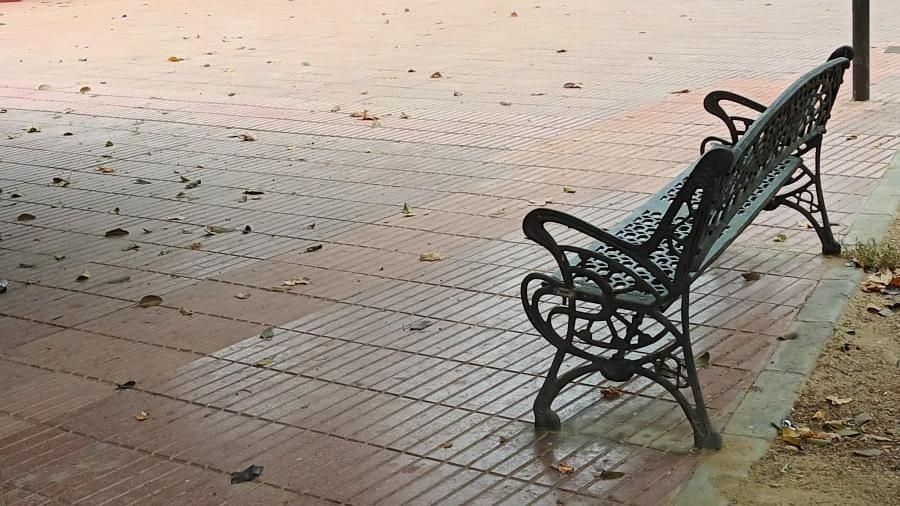 Una de las jeringuillas aparecidas este martes en el banco frente al Colegio Santa Isabel