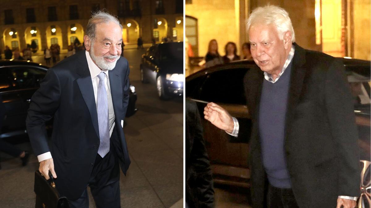 Por la izquierda, Carlos Slim y Felipe González,  a su llegada al hotel de la plaza de España.