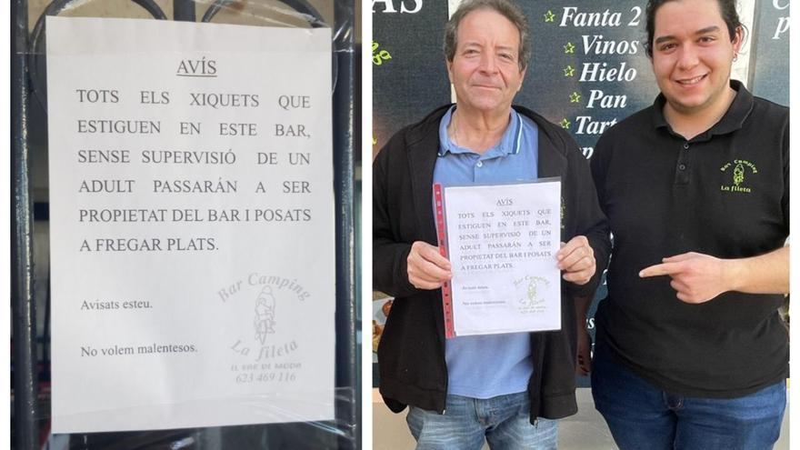 El curioso aviso a los padres descuidados de un bar del Grau de Castelló: &quot;Los niños, a fregar platos&quot;