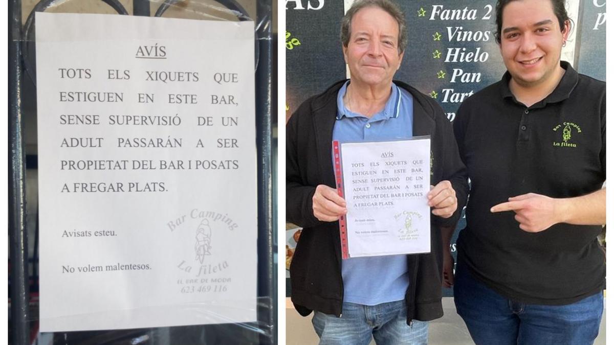 El cartel del Bar Camping La Fileta (izquierda); Ramón y Raúl, con el controvertido aviso.