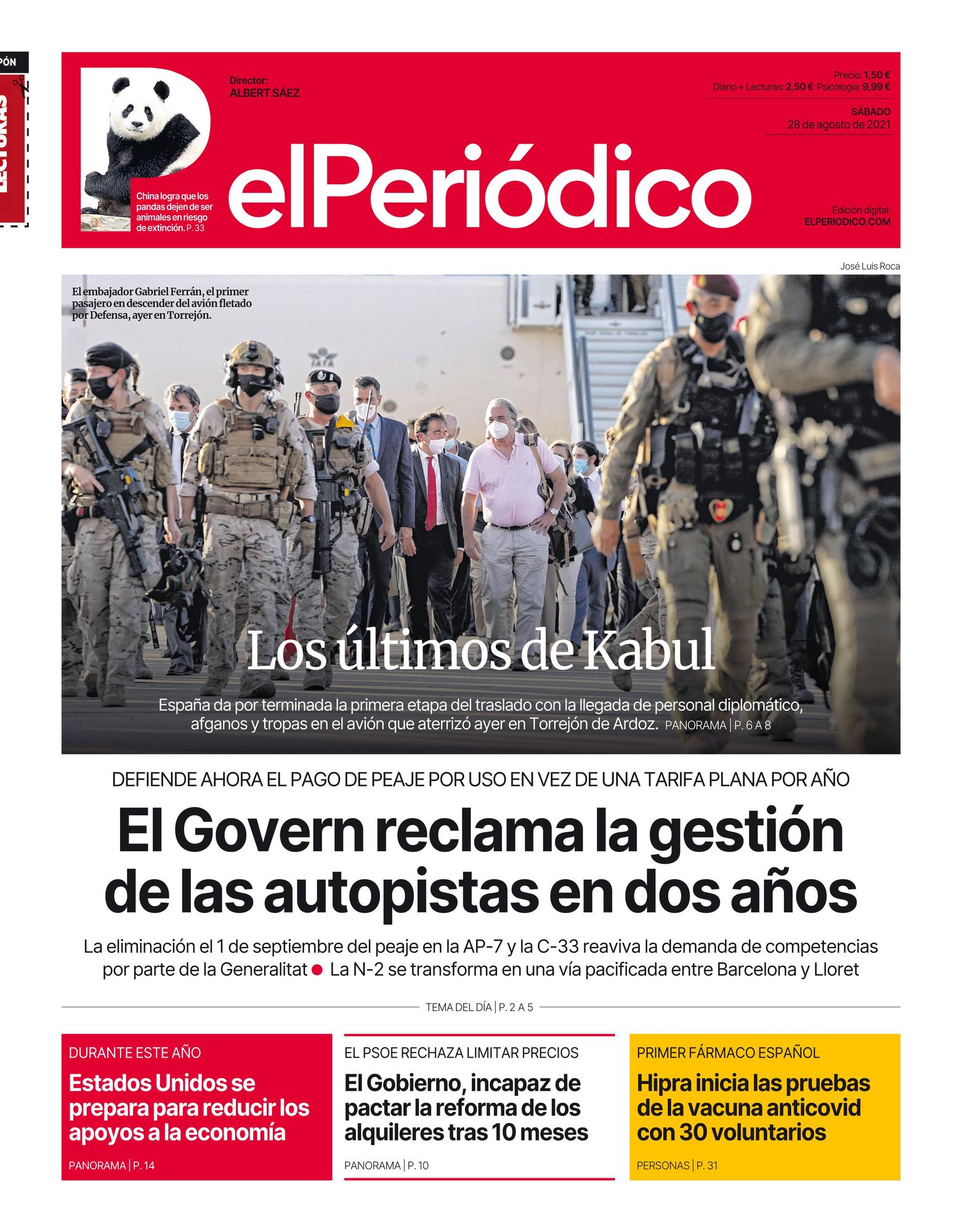 La portada de EL PERIÓDICO del 28 de agosto de 2021