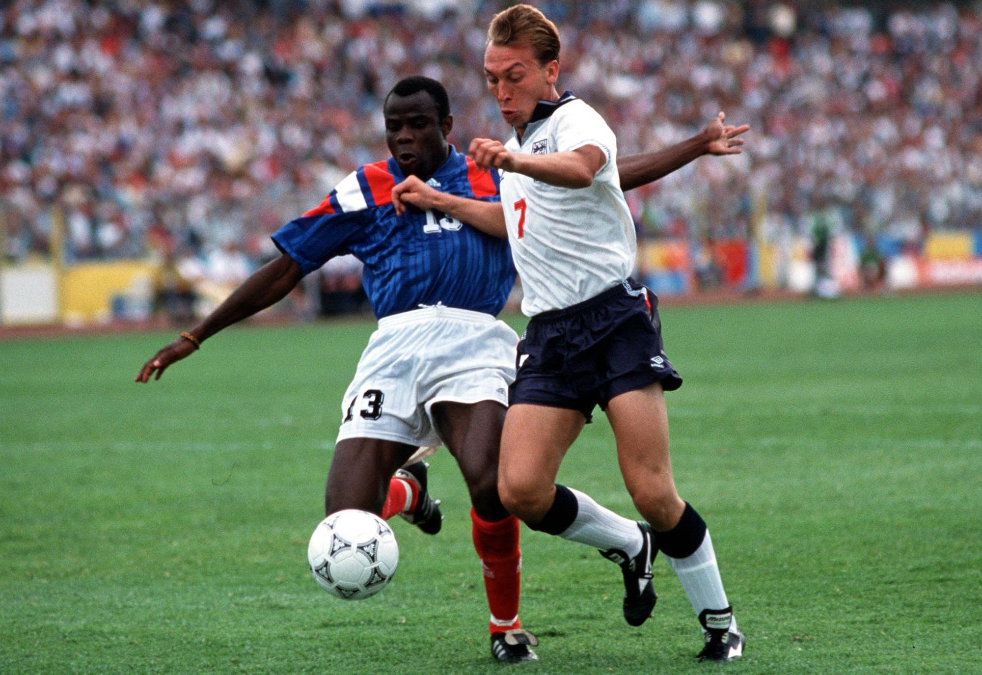 Sport, Football. European Championships, 1992. Malmo, Sweden. Group1. 14th June, 1992. England 0 v France 0. England's David Platt about to be challenged by France's Basile Boli.