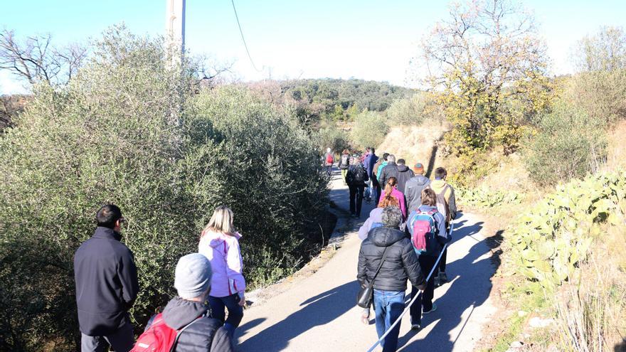 Els veïns d&#039;Espolla que han participat en la caminada pujant al turó amb la vara que simula una pala de l&#039;aerogenerador