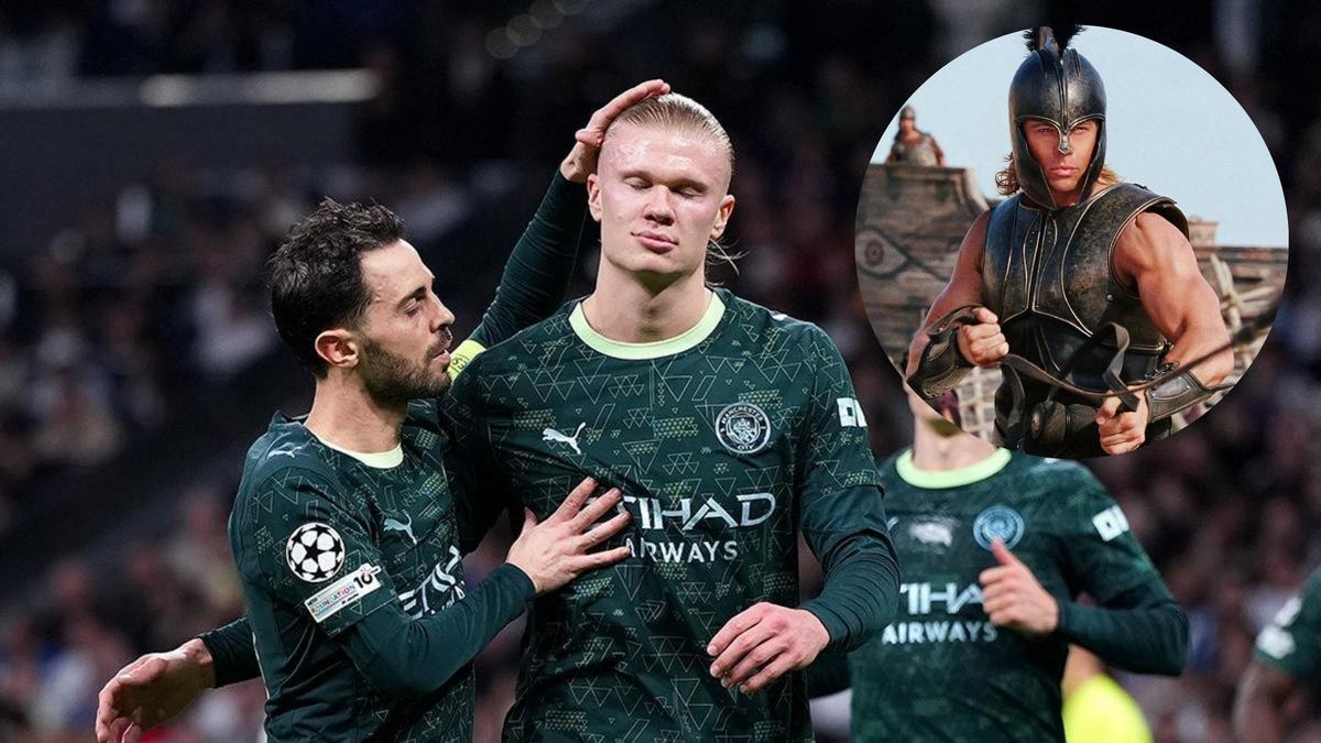 Halaand imitando la celebración de Aquiles en el Bernabéu