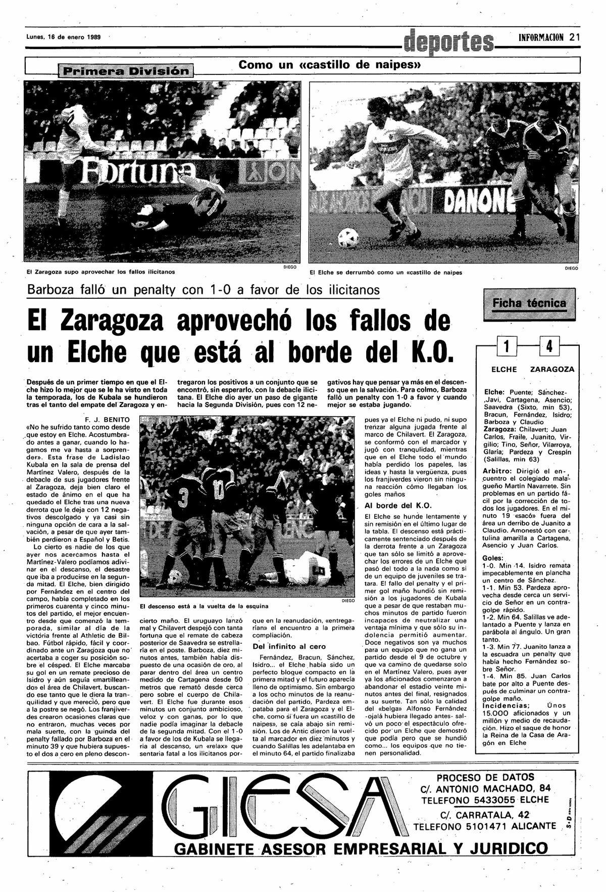 Página de INFORMACIÓN sobre el último partido en Primera disputado entre Elche y Zaragoza en 1989