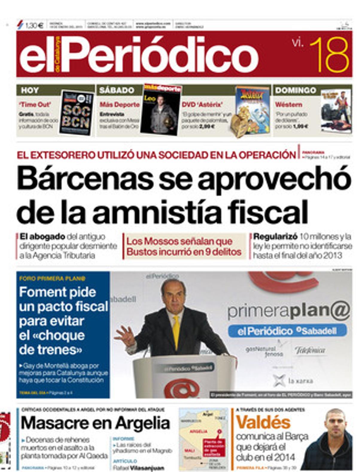 Bárcenas se aprovechó de la amnistía fiscal. Portada publicada el 18 de enero del 2013.