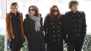 FILE - In this Jan. 8, 2010, file photo, Priscilla Presley, second from left, her daughter, Lisa Marie Presley, second from right, and Lisa Marie’s children, Riley Keough, left, and Benjamin Keough, right, take part in a ceremony in Memphis, Tenn., commemorating Elvis Presley’s 75th birthday. Keough has died.