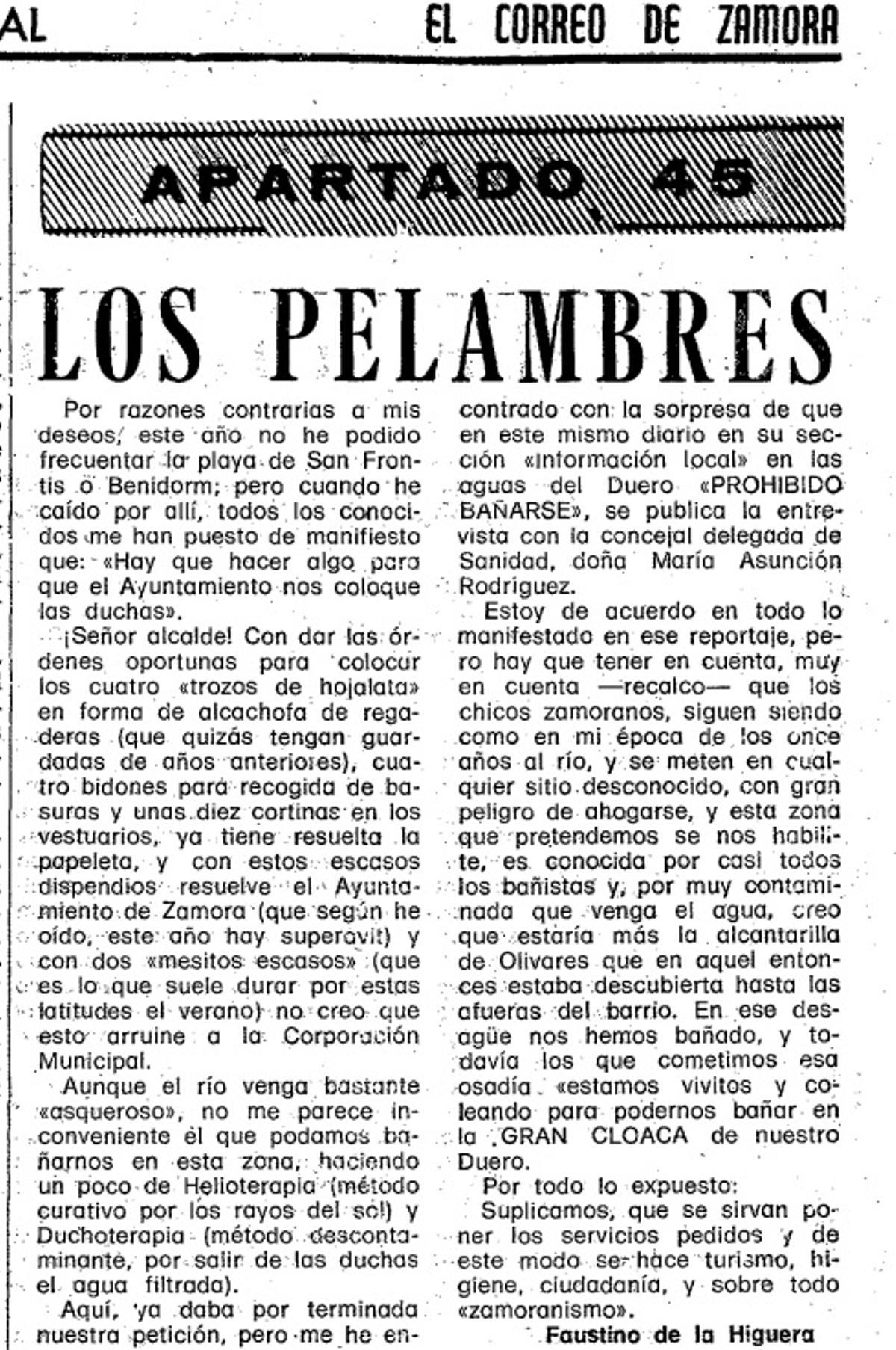 Artículo de opinión sobre Los Pelambres en El Correo de Zamora, edición 13 de julio de 1976.