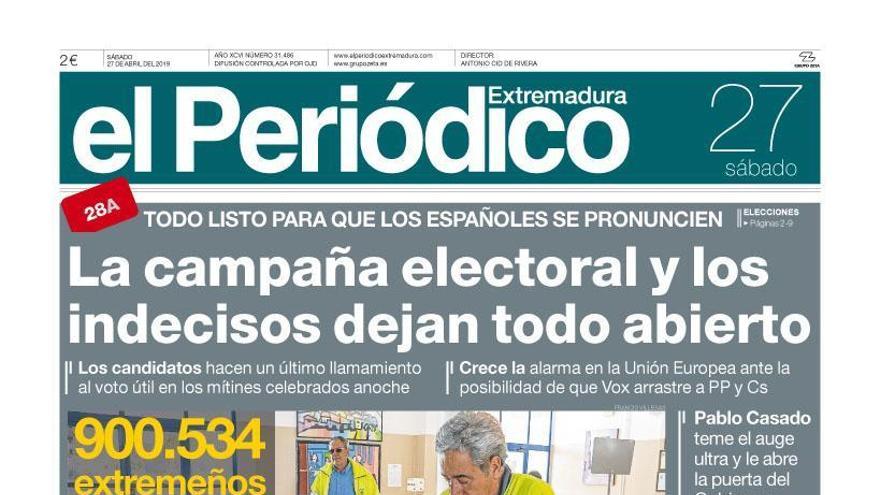 Esta es la portada de EL PERIÓDICO EXTREMADURA correspondiente al día 27 de abril del 2019