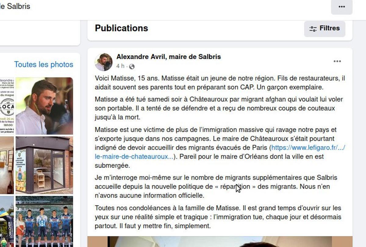 Publicación de Facebook de Alexandre Avril