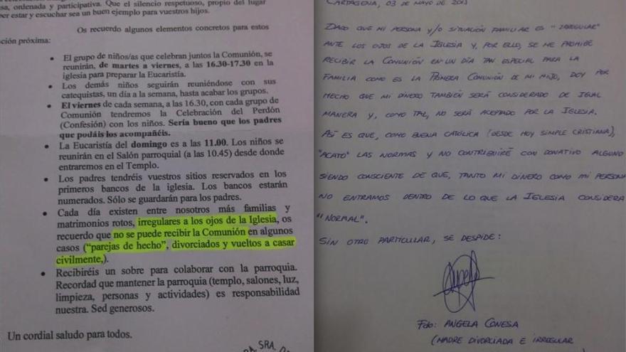 La circular de la iglesia y al lado la respuesta de Ángela.