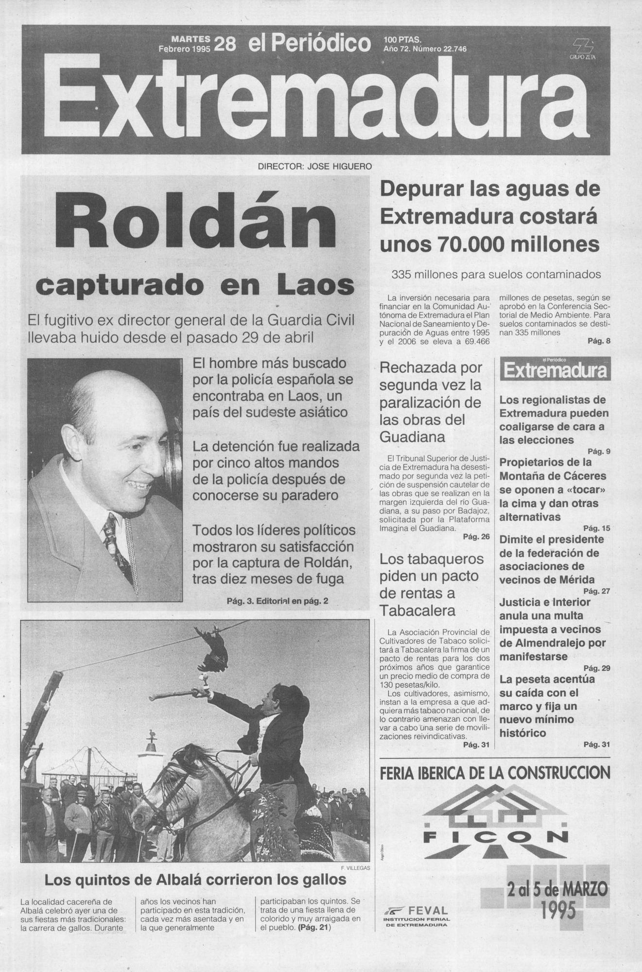 Portada de El Periódico Extremadura el 28 de febrero de 1995.