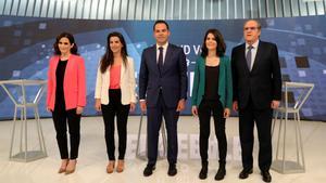 Los candidatos a la Presidencia de la Comunidad de Madrid, Isabel Díaz Ayuso (PP), Rocío Monasterio (Vox), Ignacio Aguado (Ciudadanos), Isabel Serra (Podemos) y Ángel Gabilondo (PSOE), en el debate organizado por Telemadrid.