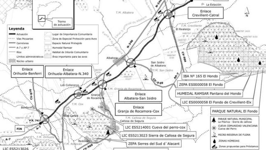 Mapa para la ampliación prevista con un tercer carril en cada sentido en la A-7, desde Crevillent hasta Orihuela.