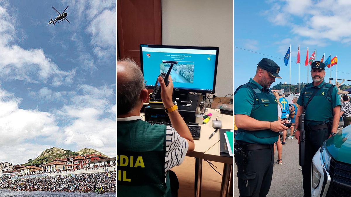 Por la izquierda, un helicóptero de la Guardia Civil vigilando el Sella, el agente Jesús Vizán viendo en directo la prueba desde su centro operativo, y el agente Javier Clemente (sujetando un inhibidor de drones) en Ribadesella.
