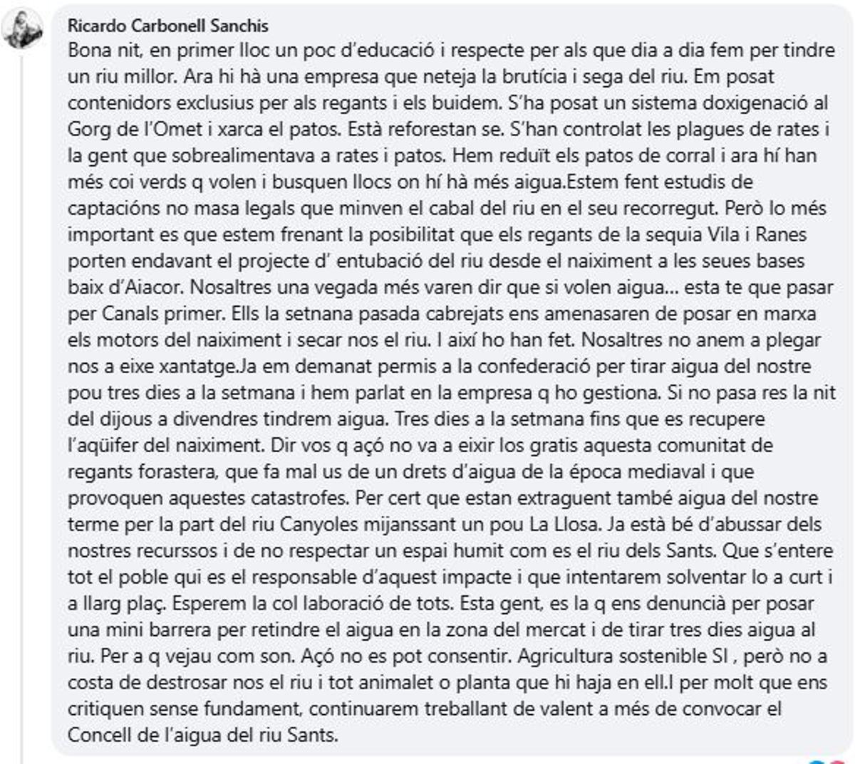 Extracto del mensaje compartido en la red social Facebook por el concejal de Canals Ricardo Carbonell.