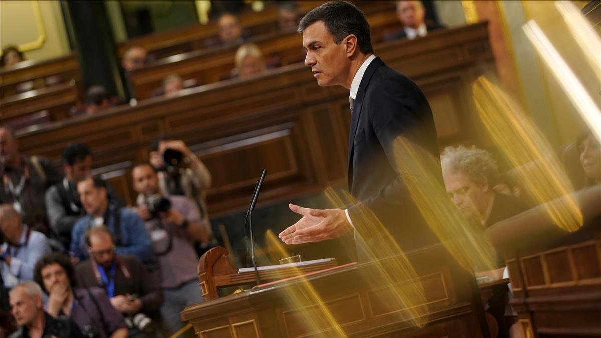 Pedro Sánchez en el Congreso durante la celebración de la moción de censura