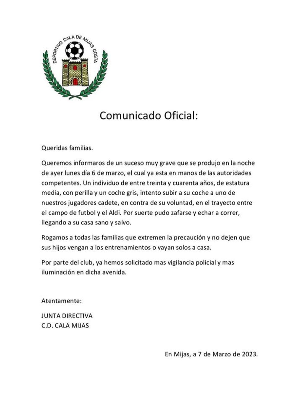 Comunicado del CD Cala de Mijas