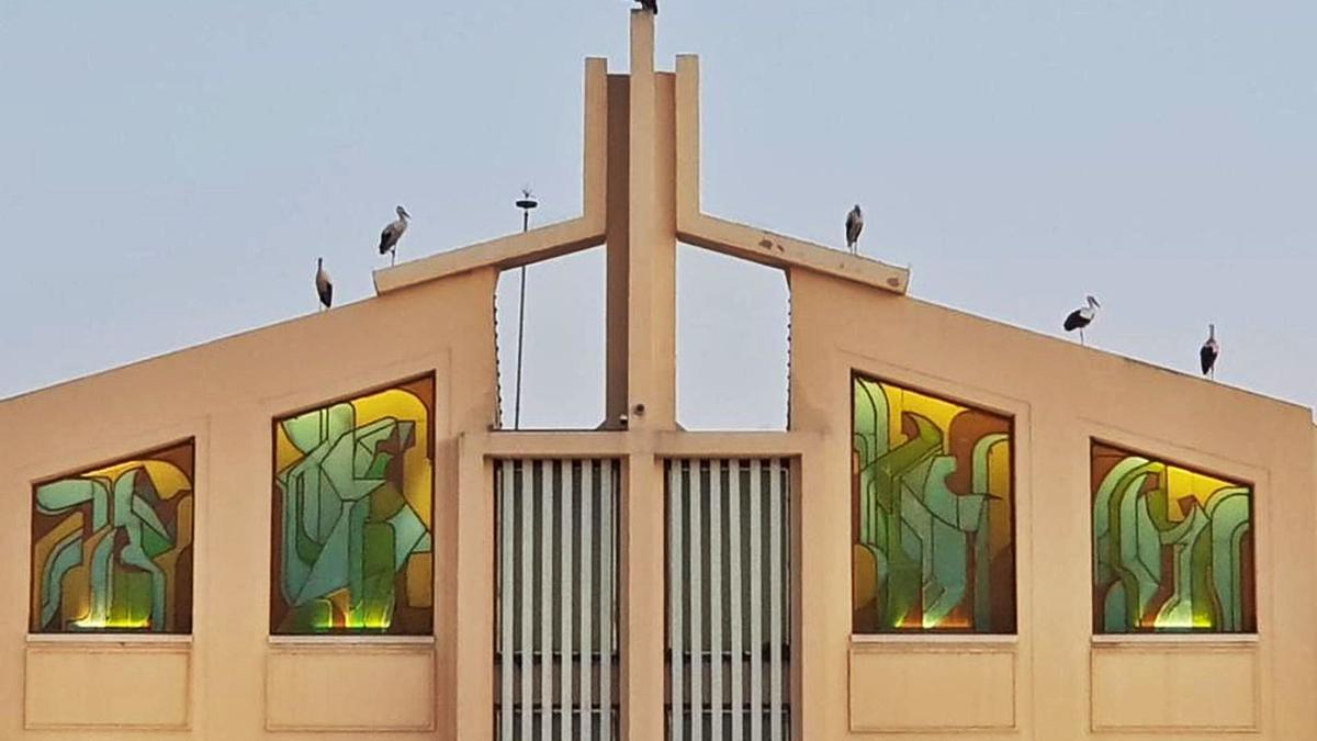 Cigüeñas de paso en los tejados de Parcemasa