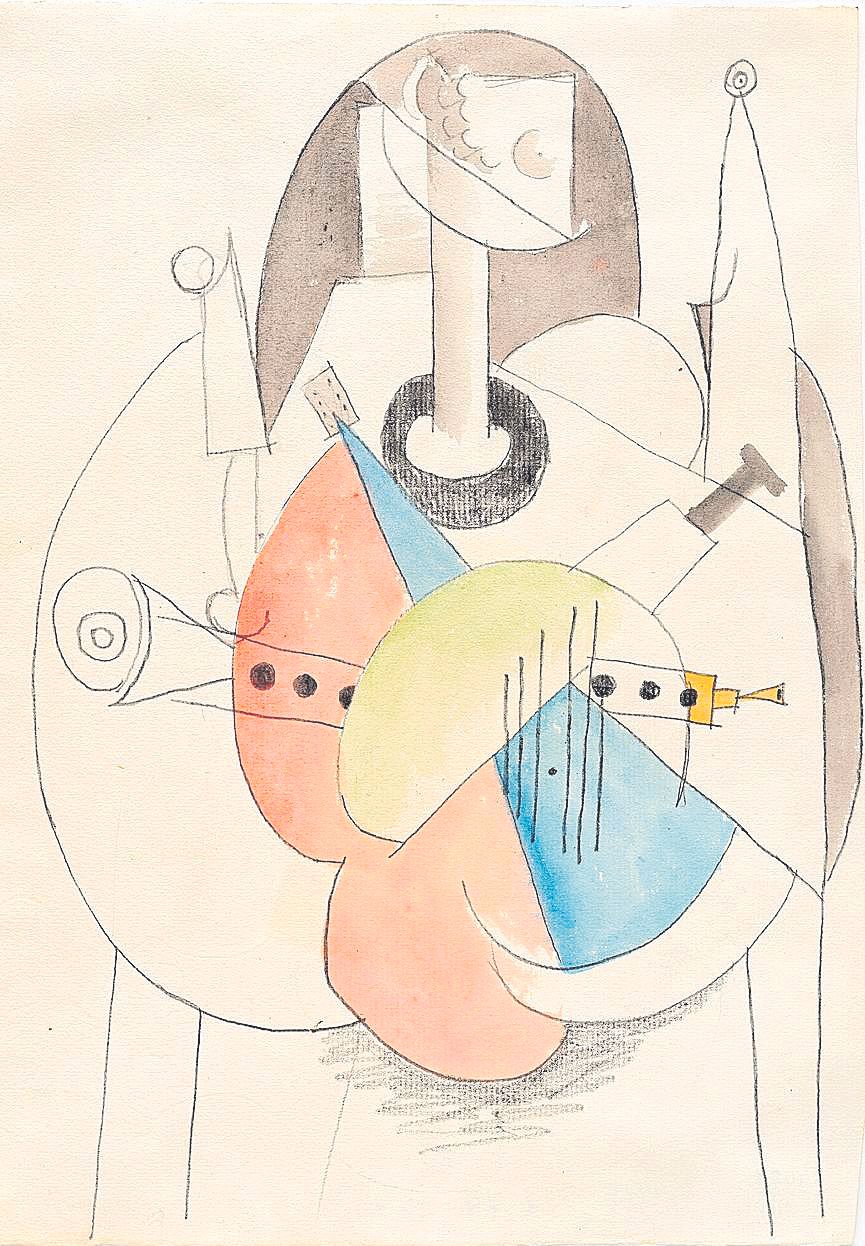 &#039;Naturaleza muerta con instrumentos musicales sobre una mesa&#039;. Pablo Picasso. Nature morte aux instruments de musique sur une table, Paris, Automne 1913. Crayon graphite et aquarelle sur papier 31,5 x 23 cm. Fundación Almine y Bernard Ruiz-Picasso para el Arte, Madrid. En prêt temporaire au Museo Picasso Málaga © Sucesión Pablo Picasso, VEGAP, Madrid, 2023 © FABA Photo: Hugard &amp; Vanoverschelde