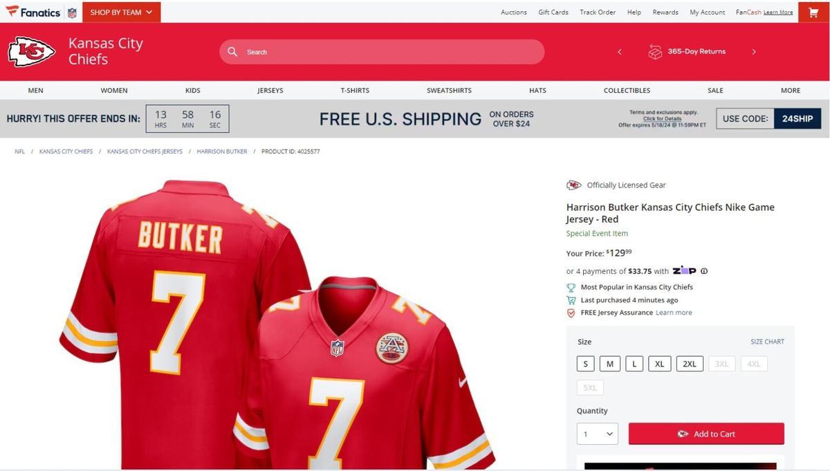 La camiseta de Bucket, entre los productos &quot;más populares de los Kansas City Chiefs&quot; en la web de Fanatics.