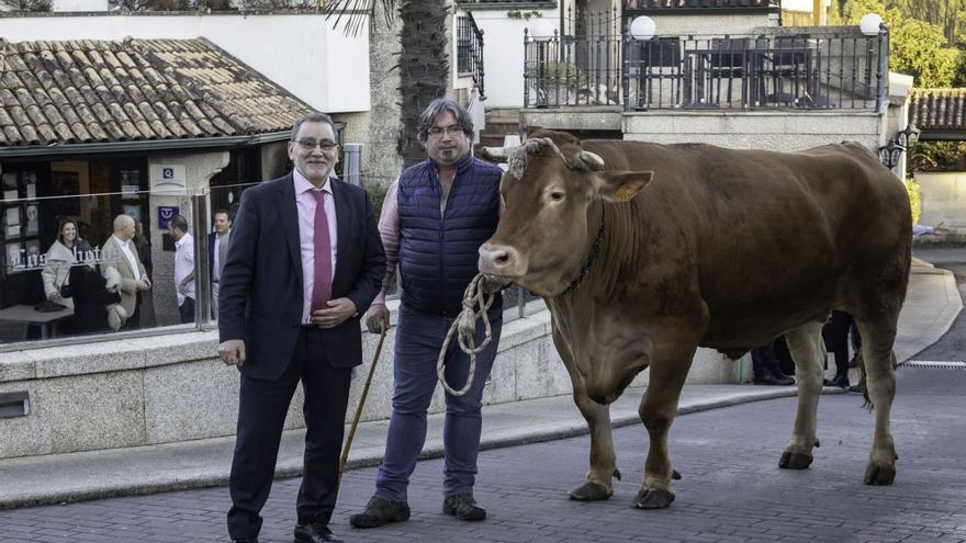 Pepe Gil y Tino Alborés posan ayer con el buey de 1.800 kilos en Los Abetos.   | // JAVIER TENIENTE