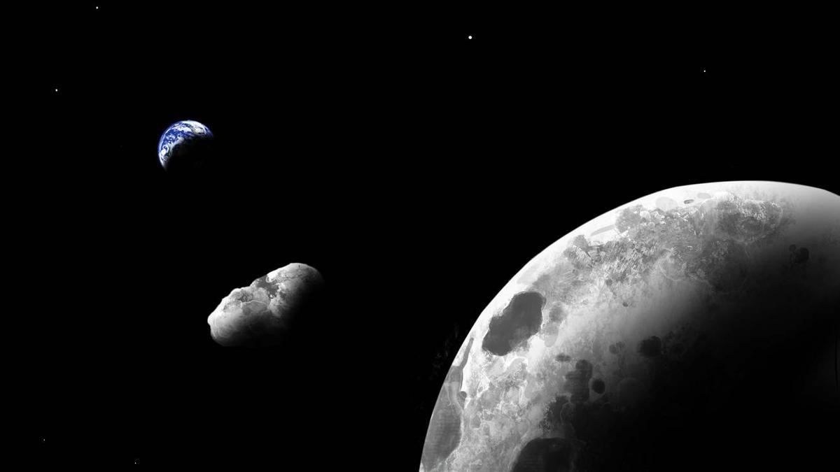 Ilustración del asteroide Kamo`oalewa en el sistema Tierra-Luna.