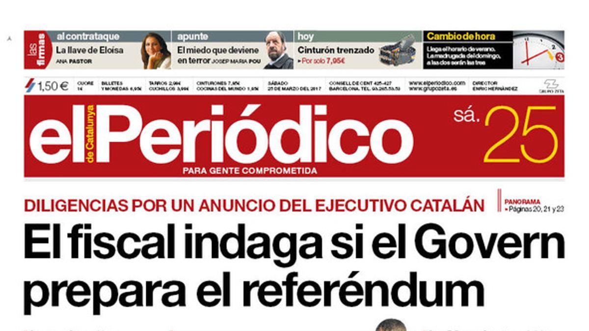 La portada de EL PERIÓDICO del 25 de marzo del 2017.