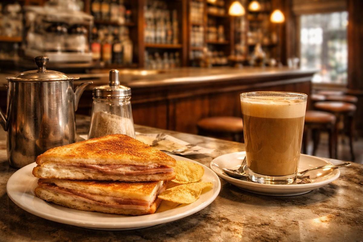 Un mixto con un café. Clásico desayuno de bar.