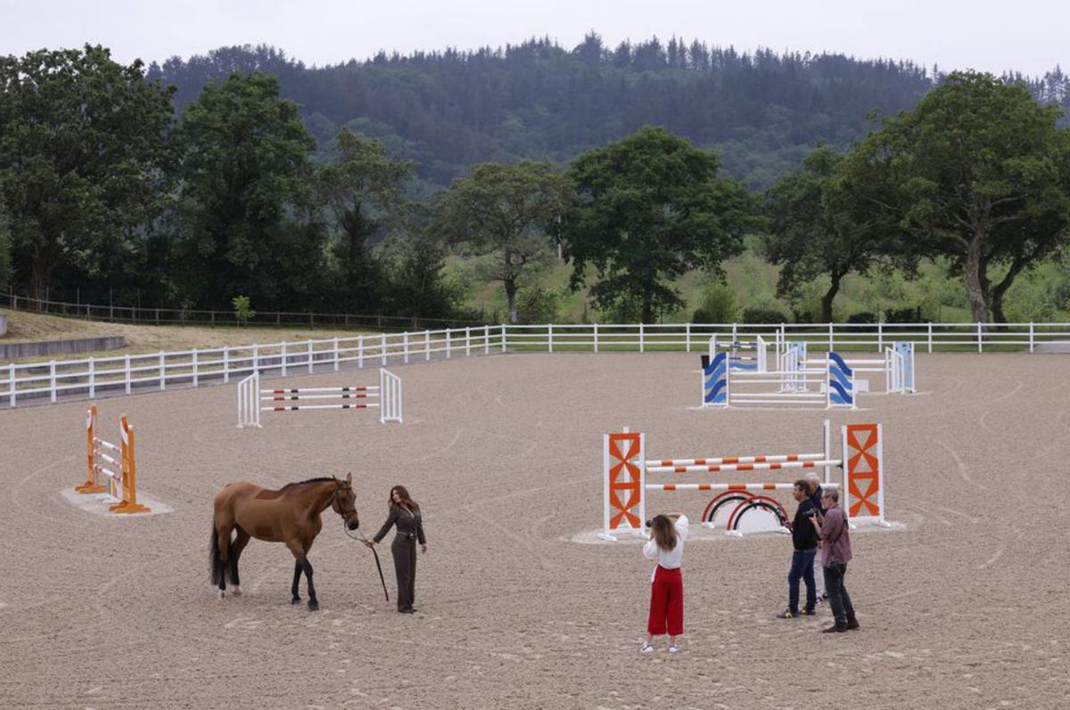 A la izquierda, Ivonne Reyes posa con «Cougar La Paz» en la pista exterior de Maeza. Sobre estas líneas, un momento de la sesión fotográfica en el valle de Sariego. | LUISMA MURIAS