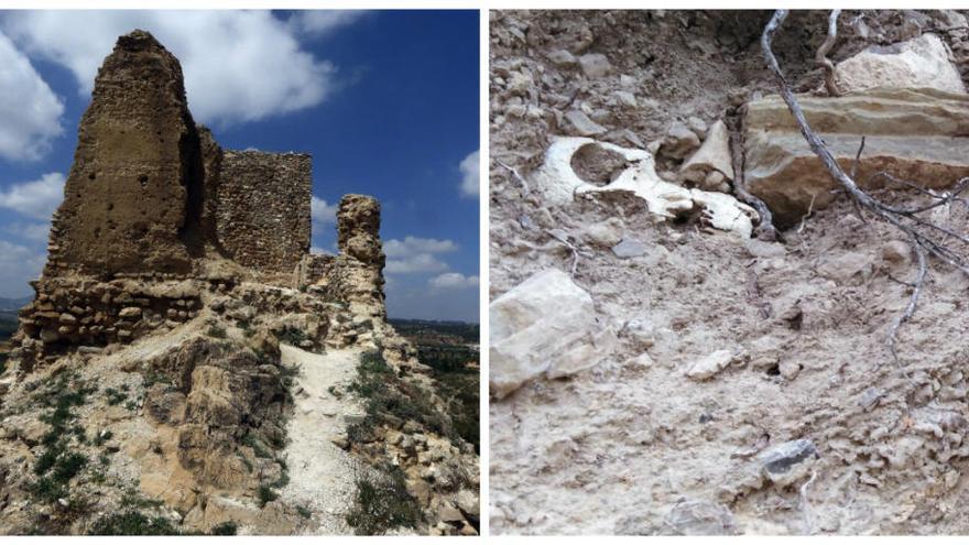 A la izquierda, la torre del Castellet de Turís. A la derecha, parte de los restos óseos.