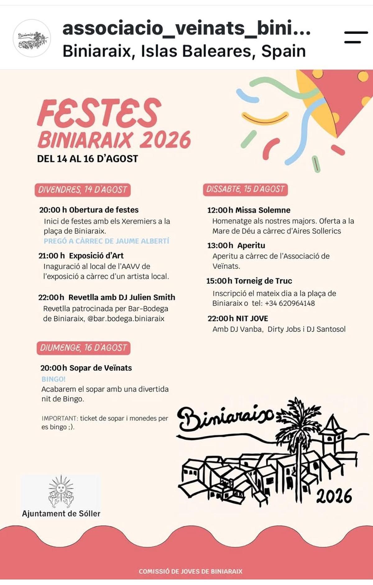 Programa de las fiestas de Biniaraix.