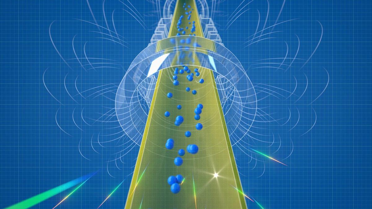 Los átomos de antihidrógeno (azul) caen dentro de una trampa magnética y se aniquilan en un experimento para medir los efectos de la gravedad sobre la antimateria.