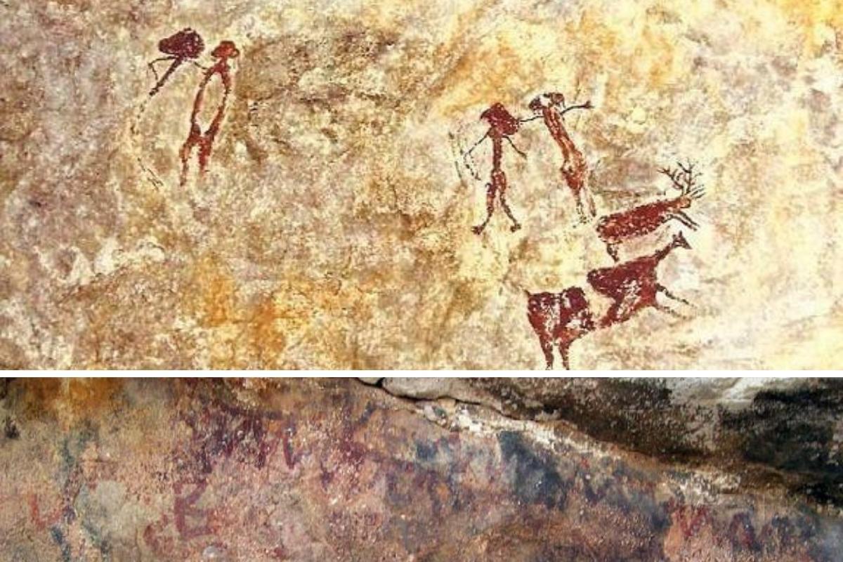 Arriba, pinturas rupestres del Milano (Mula); abajo, las del Abrigo del Buen Aire (Jumilla).