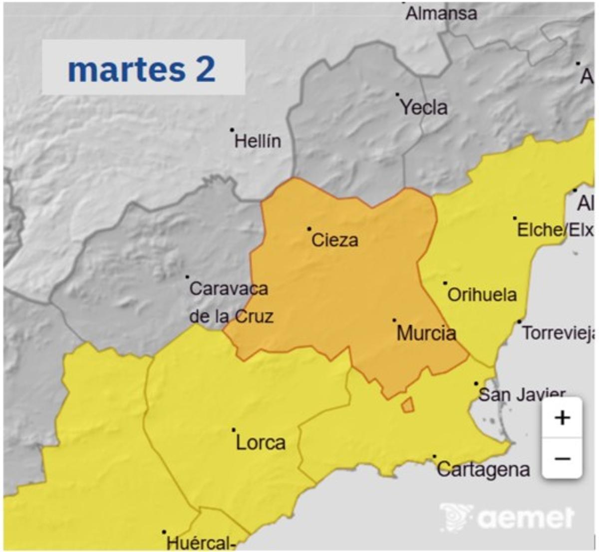 Mapa de avisos de la Aemet, este martes