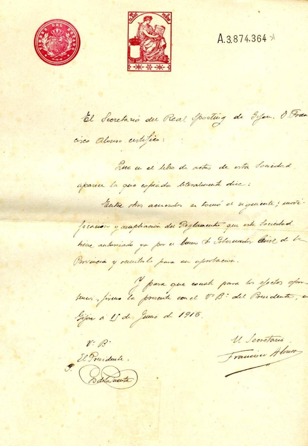 Documento en el que Bernardo de la Puente firma como presidente del Sporting.