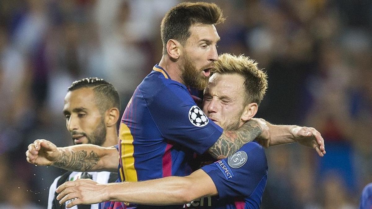 Messi y Rakitic celebran el segundo gol de anoche ante la Juventus.