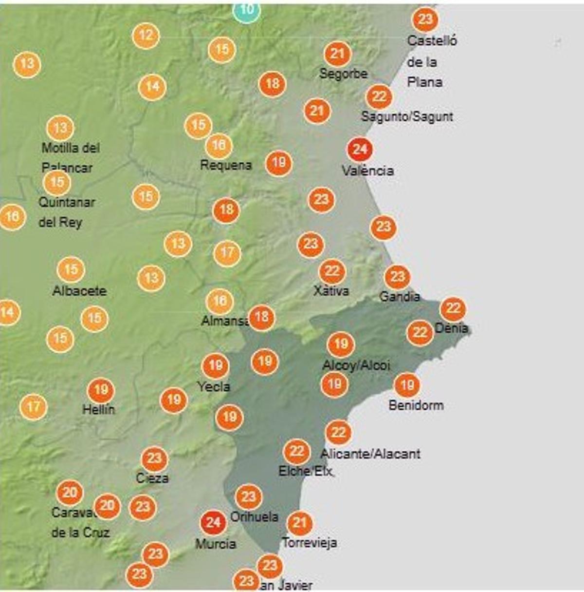 Mapa de temperaturas de Aemet este martes 10 de febrero, con valores casi primaverales en la cOMUNIDAD Valenciana, muy lejos de los registros históricos de 1956.