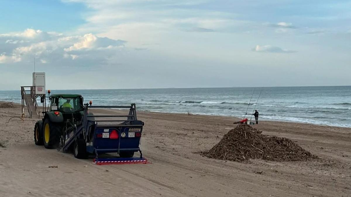 Una máquina trabaja para mantener limpia la playa de Sueca.