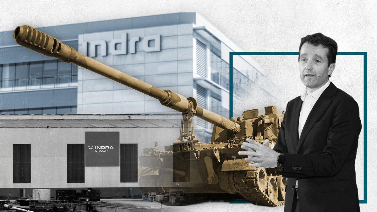 El presidente de Indra, Ángel Escribano y un obús K9 como el que fabricarán en Asturias