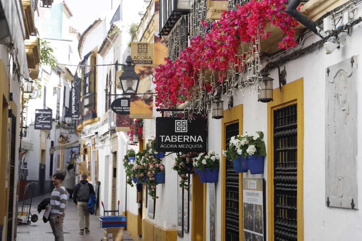 Flores de plástico y decoración de plástico en el casco histórico