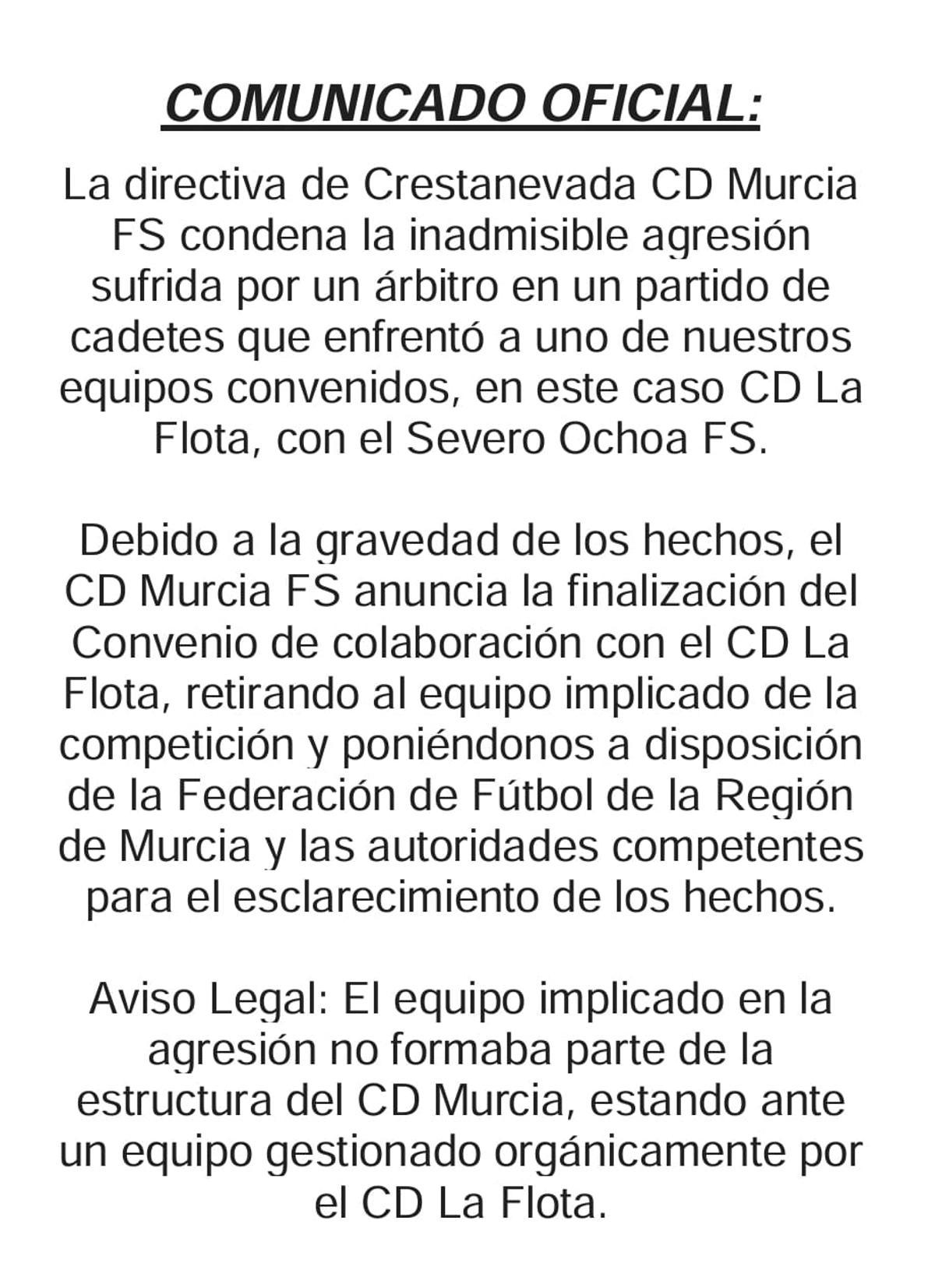 El Comunicado enviado por la directiva del Crestanevada CD MUrcia FS a esta redacción.