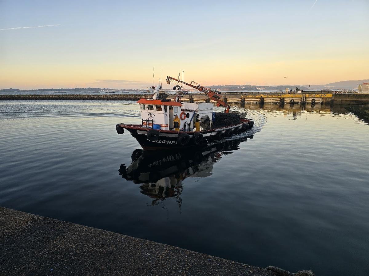 La llegada de un barco a puerto con sacos de mejillón a bordo.