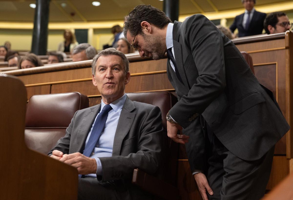 El presidente del PP, Alberto Núñez Feijóo (i) y el vicesecretario de Cultura y portavoz del Partido Popular, Borja Sémper (d), en el Congreso.