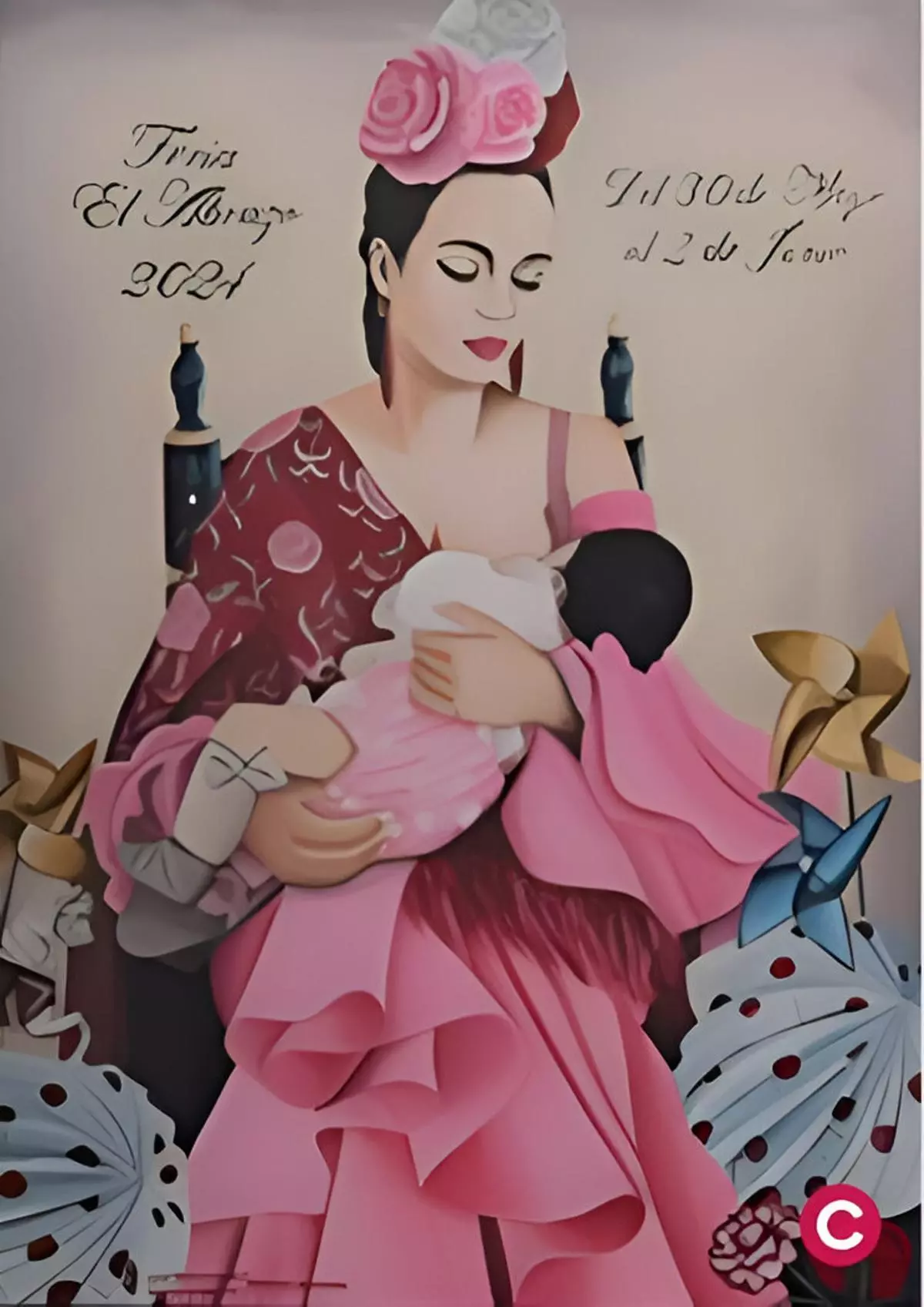 Una madre vestida de gitana, amamantando a su bebé, en el cartel de la Feria de La Rinconada