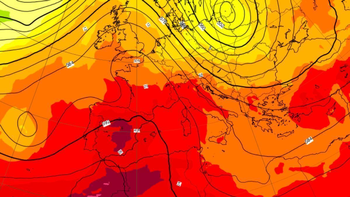 Mapa del ECMWF para la tarde del miércoles 8 de julio: los tonos rojos y morados muestran una masa de aire muy cálida en altura, mientras que las líneas negras reflejan la dorsal.