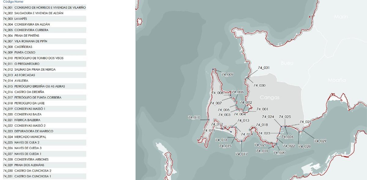El mapa que se incluye en el catálogo de la Xunta con la localización de los bienes inventariados en el litoral de Cangas.