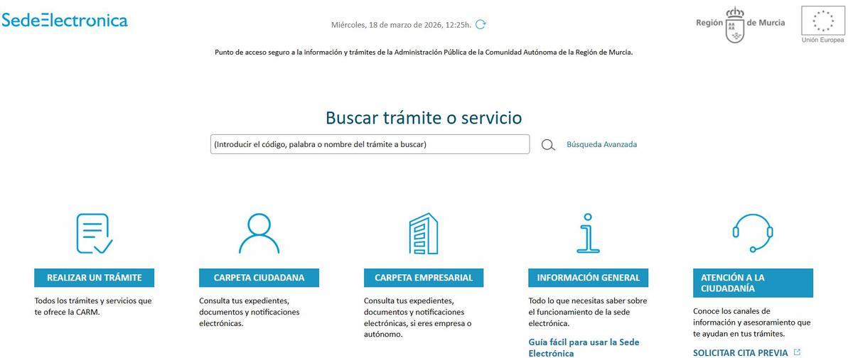 Pantalla de inicio de la Sede Electrónica de la Comunidad