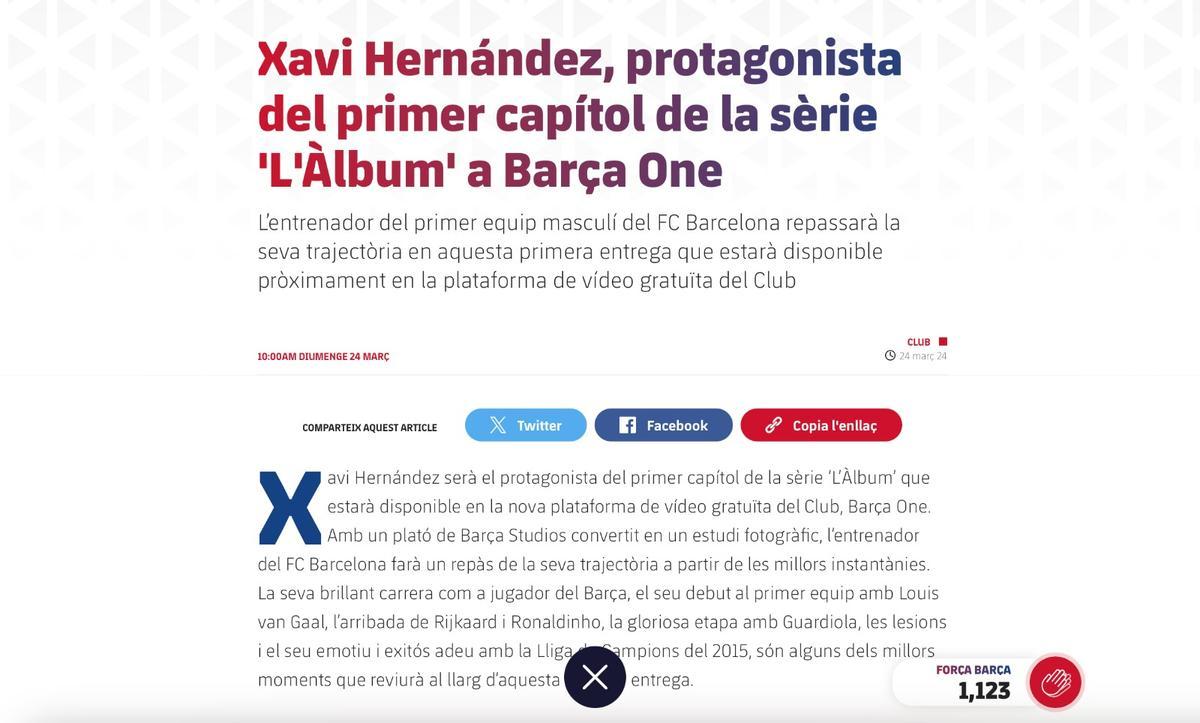 Anuncio del primer capítol de 'L'Àlbum' de Barça One