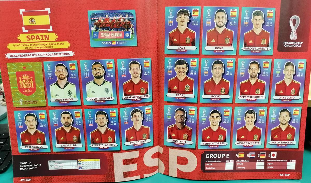 La selección española del Mundial de Qatar, en cromos de Panini.